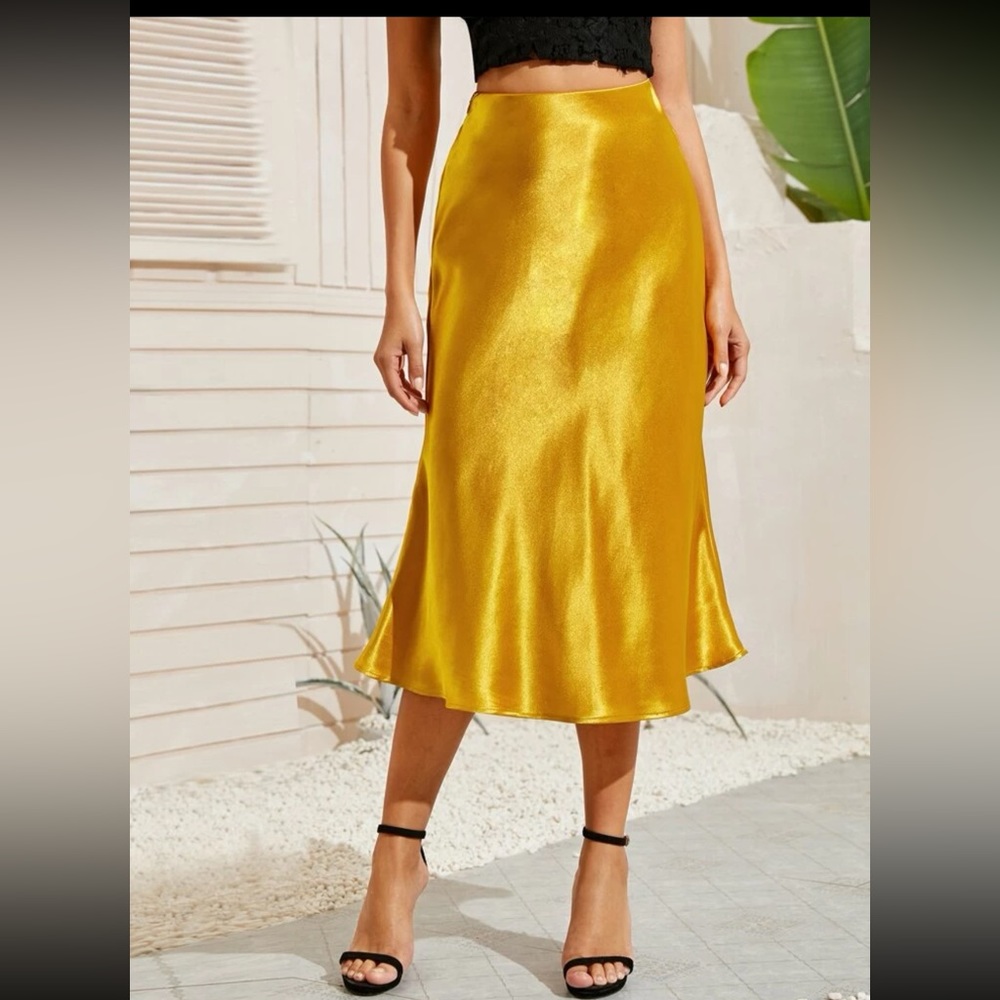 Mustard yellow/ gold solid a line satin longline skirt